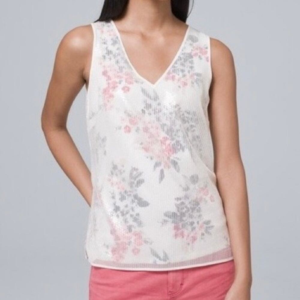 White House Black Market SEQUIN OVERLAY  FLORAL SLEEVELESS BLOUSE XS runs big